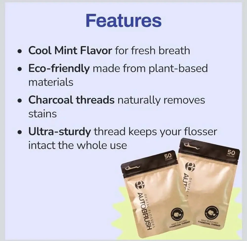 Autobrush Dental Flossers Charcoal Infused Mint Flavored (50 Count)
